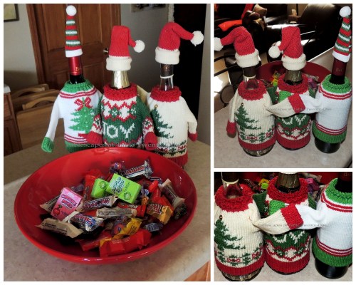 Alycia Nichols, Tablescapes at Table Twenty-One, www.tabletwentyone.wordpress.com, ”Timberland Christmas – 2014 Christmas Décor: Wine bottles in Ugly Christmas Sweaters collage