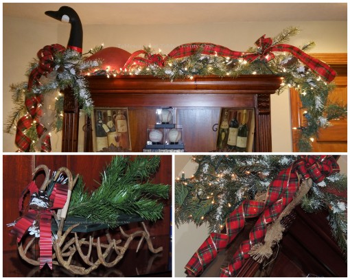 Alycia Nichols, Tablescapes at Table Twenty-One, www.tabletwentyone.wordpress.com, ”Timberland Christmas – 2014 Christmas Décor: Winter goose atop bookshelf with tartan ribbon, miniature sled with antler under-carriage collage